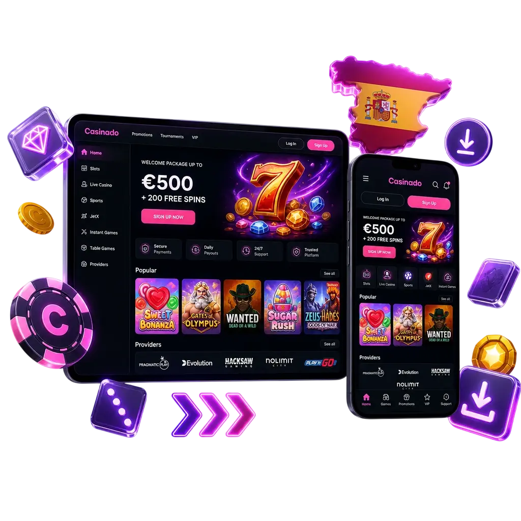Application Casinado pour iOS sur iPhone et iPad, avec option PWA pour navigateur mobile.
