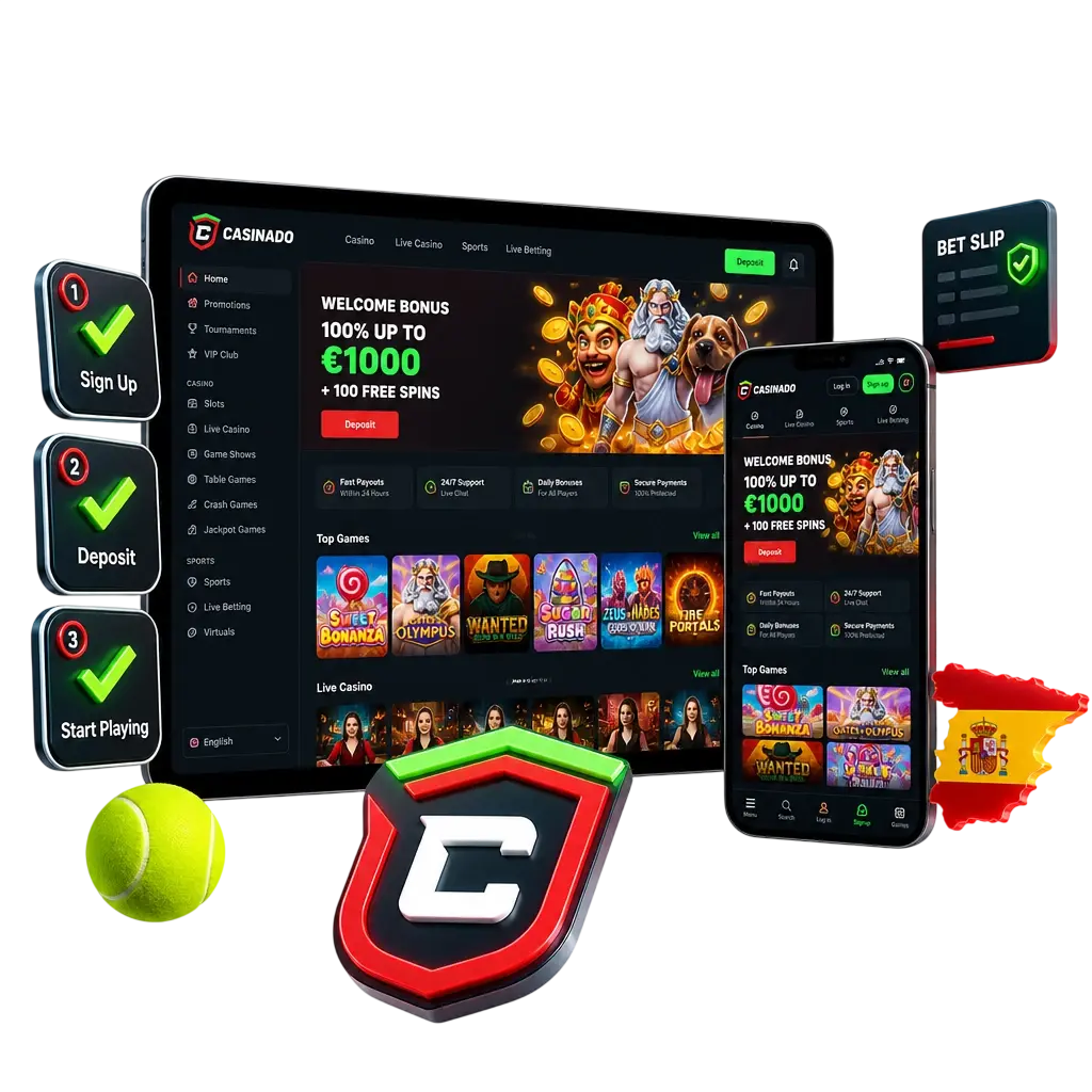 Guide étape par étape pour parier sur le tennis sur Casinado : inscription, dépôt en euros et sélection des cotes ATP, WTA, ITF.