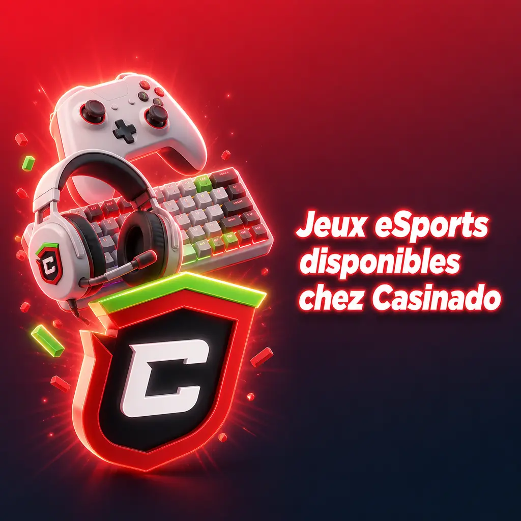 Sélection de jeux eSports disponibles chez Casinado : League of Legends, CS2, Dota 2, Valorant et StarCraft II.
