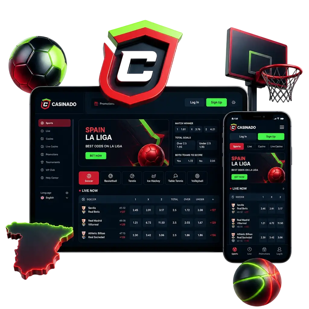 Interface de paris sportifs mobiles Casinado avec marchés Line et Live, cotes football, basketball, tennis et esports