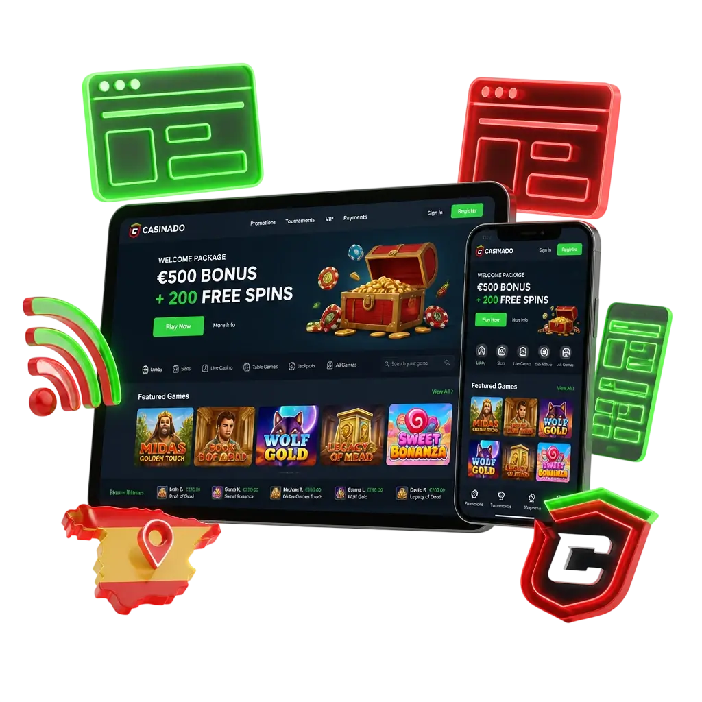 Version mobile de Casinado accessible via navigateur, sans téléchargement, rapide et réactive sur smartphone et tablette.